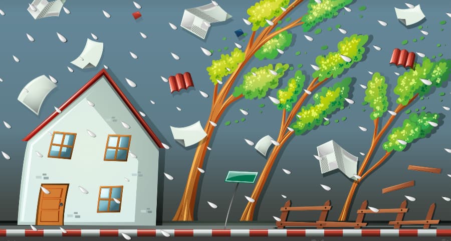 Illustration of a storm affecting a house and the surrounding environs
