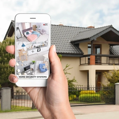 Oklahoma City vivint phone display of cctv live feed in front of a house